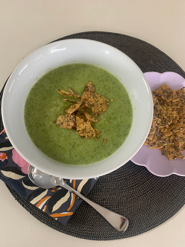 Crumbled Kiki Seed Crackers on top add delicious and nutritious texture to this perfect green soup.