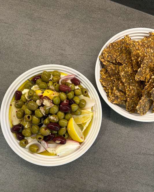 Garlic Herb Roasted Olives on Honey Whipped Feta