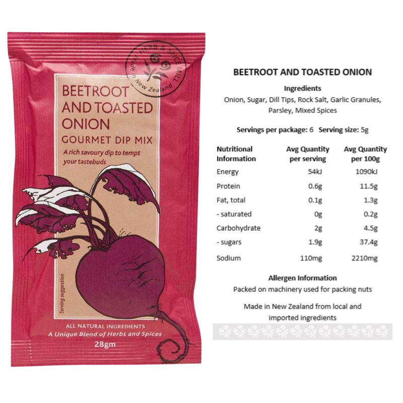 Beetroot and toasted onion gourmet dip mix packaging with nutritional information on a white background