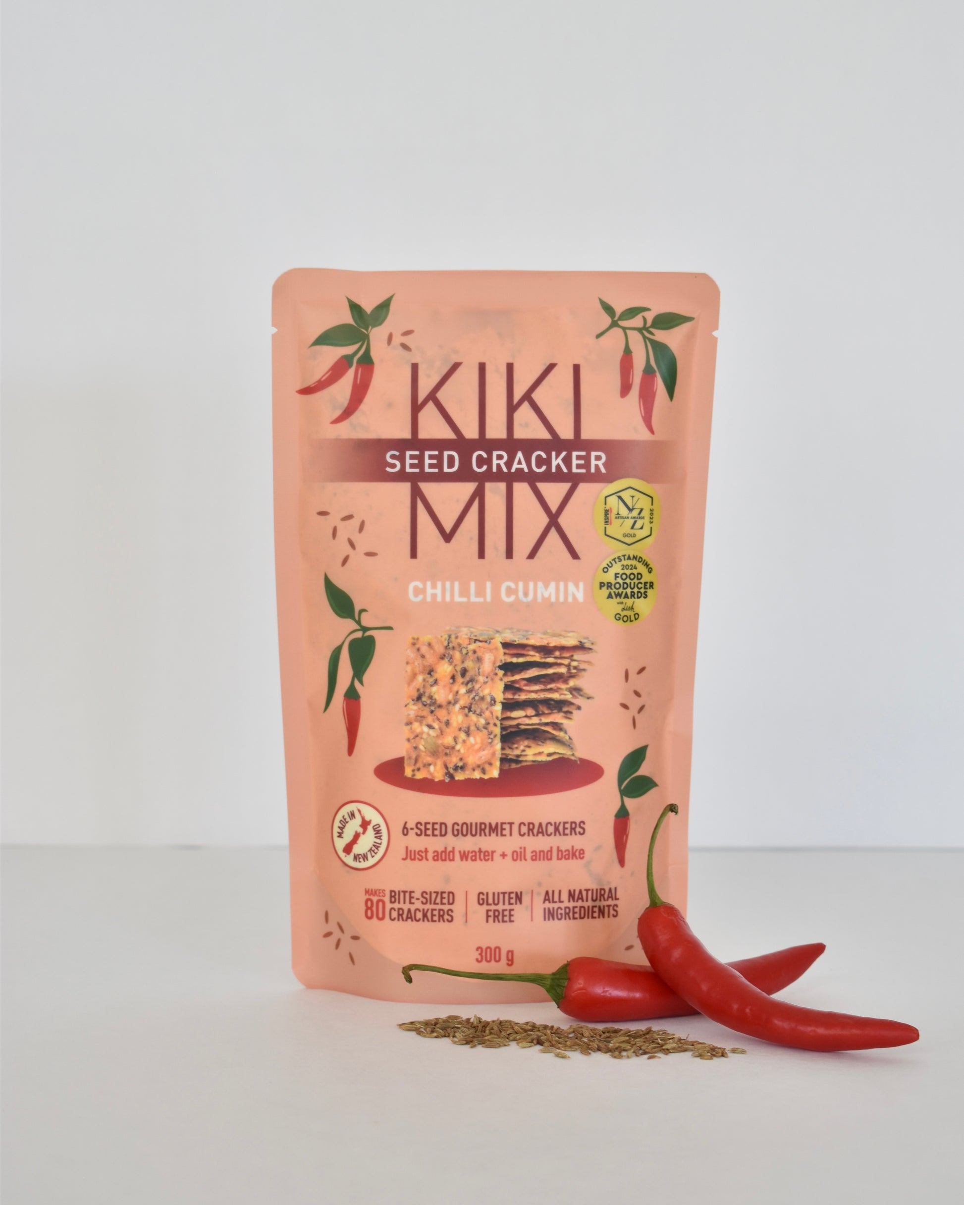 Chilli Cumin Kiki gluten free seed cracker mix with bold warming spices and crunchy seeds.