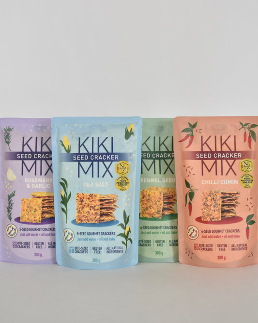 Kiki Stock Up Bundle with 6 packs of gluten free seed cracker mixes in assorted flavours.