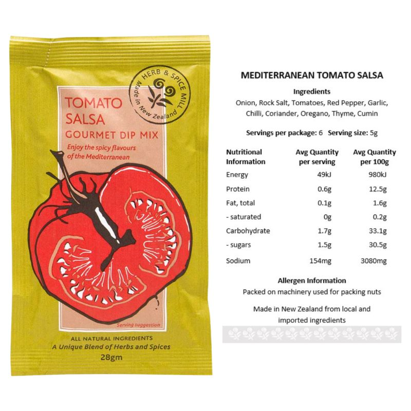 Tomato Salsa Gourmet Dip Mix packaging with nutritional information on a white background