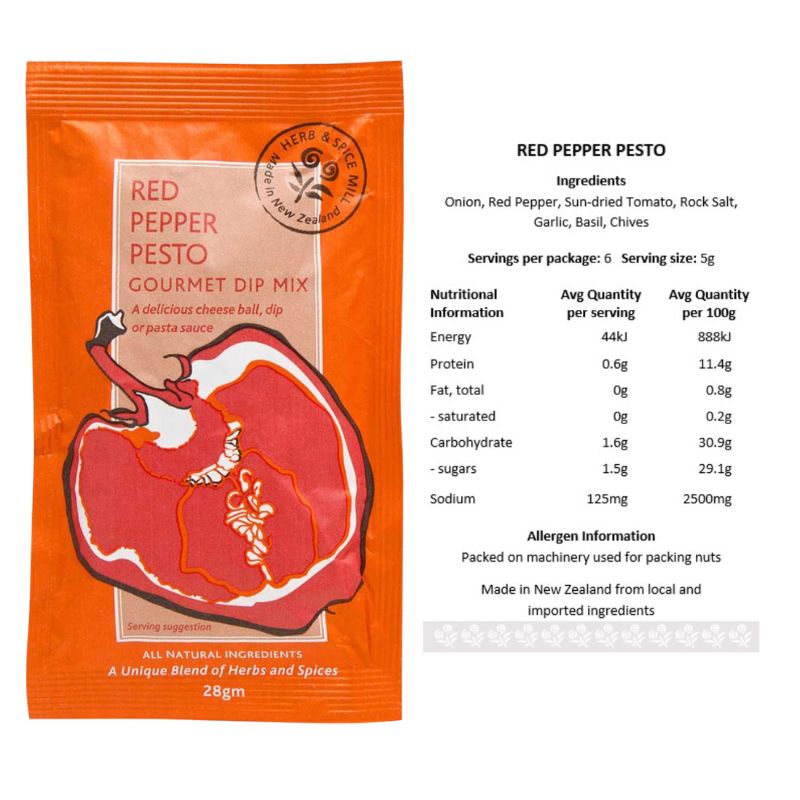 Red Pepper Pesto gourmet dip mix package with nutritional information on a white background
