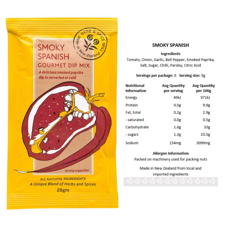Smoky Spanish gourmet dip mix packaging with nutritional information on a white background