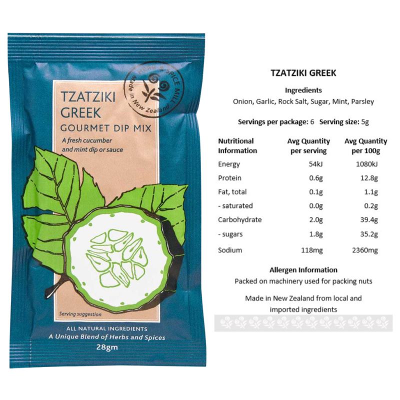 Tzatziki Greek gourmet dip mix packaging with nutritional information on a white background